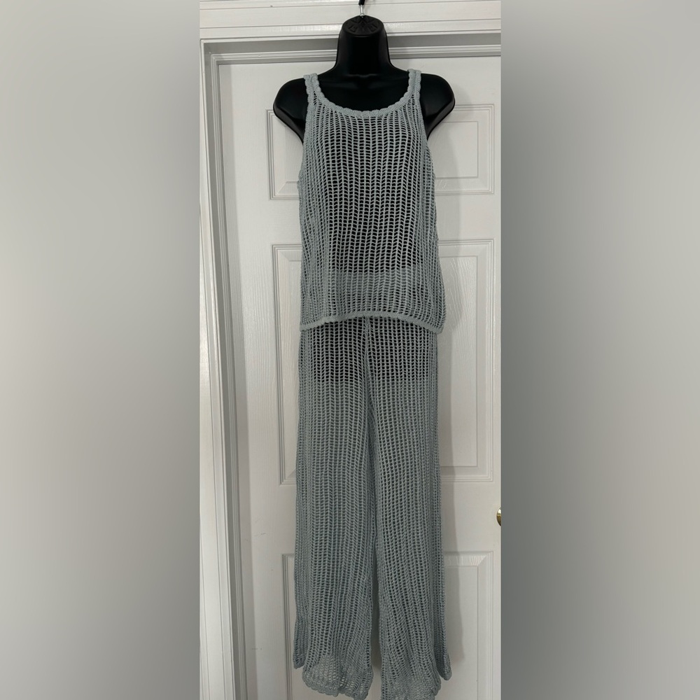 NWOT Ocean Drive Light Blue Lurex Crochet Tank & Wide-Leg Coverup Set